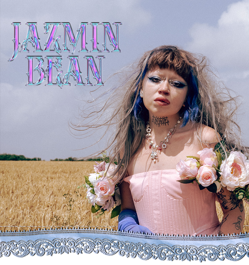 JAZMIN BEAN iridescent logo with a portrait of jazmin in a field